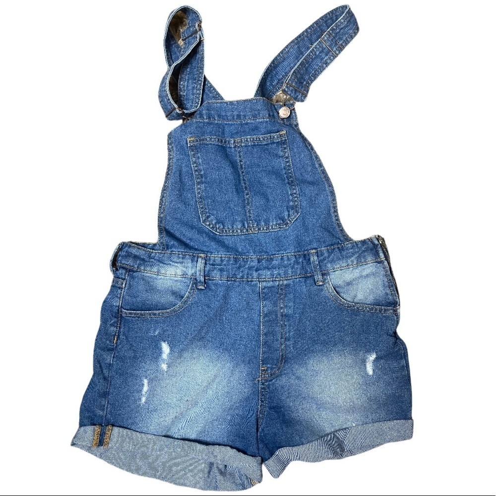 Forever 21 High Waist Distressed Side Zip Overall Shorts 28